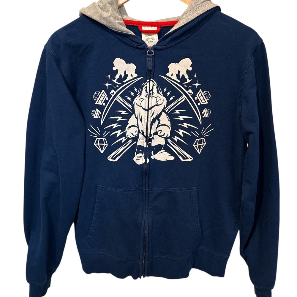 Disney‎ Grumpy Snow White Navy Blue Full Zip Hoodie Sweatshirt Sz M Retro Cozy